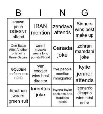 Oscars 2026 Sami's Bingo Card