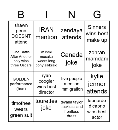 Oscars 2026 Sami's Bingo Card