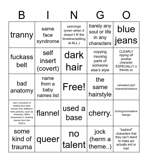 cains oc bingo of things he cain’t not do Bingo Card