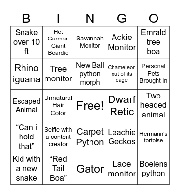Reptile Expo Bingo Card