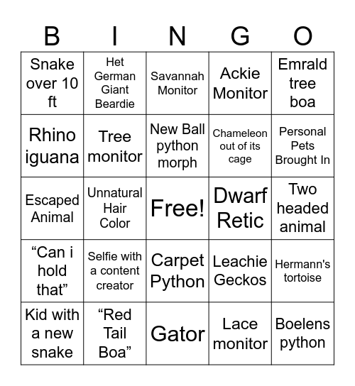 Reptile Expo Bingo Card
