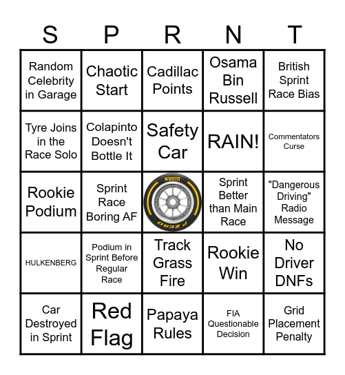 F1 2026 Sprint Race Bingo Card