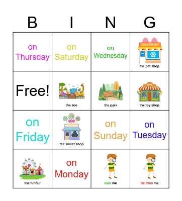 Places in a Town & Days of the Week Bingo Card