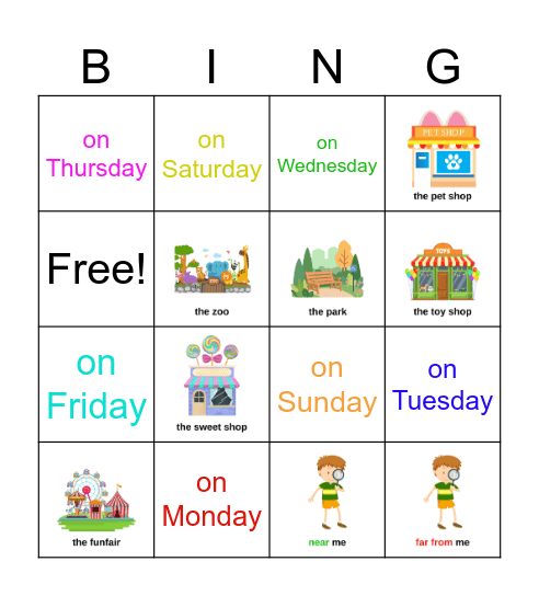 Places in a Town & Days of the Week Bingo Card