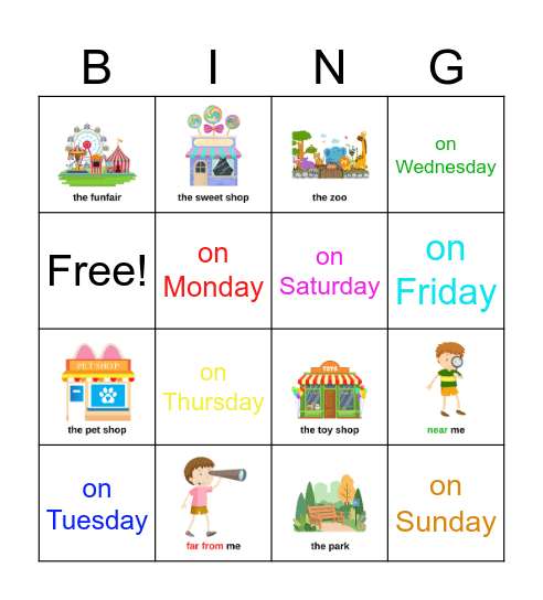 Places in a Town & Days of the Week Bingo Card