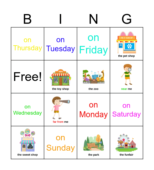 Places in a Town & Days of the Week Bingo Card