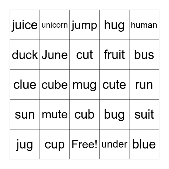 Long U - Short U Bingo Card