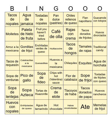 Mexican Food Bingo (Vegetarian) Bingo Card
