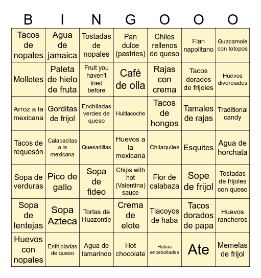 Mexican Food Bingo (Vegetarian) Bingo Card