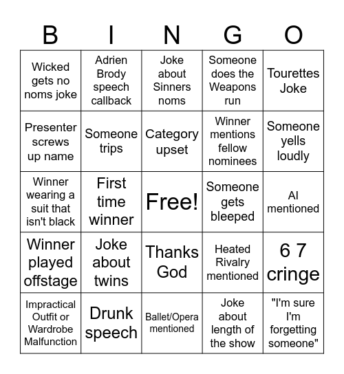 WUDscars Bingo Card