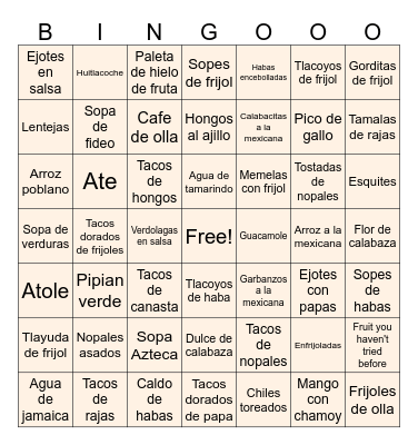 Mexican Food Bingo (Vegan) Bingo Card