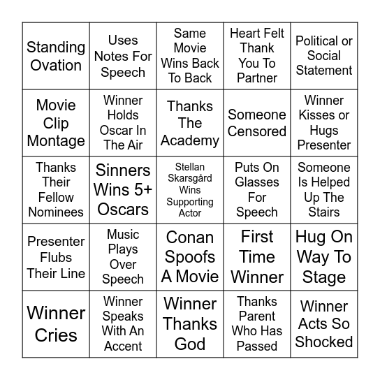 Oscar Bingo 2026 Bingo Card