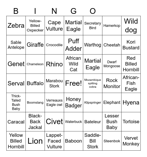Kruger Bingo Card