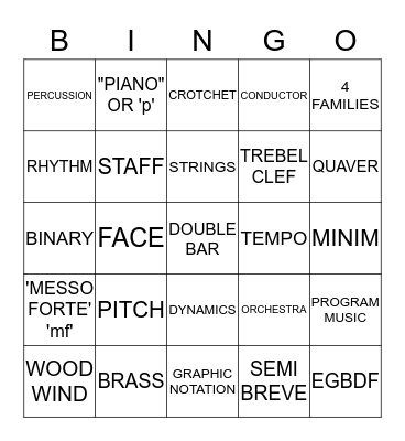 MUSICICAL BINGO Card