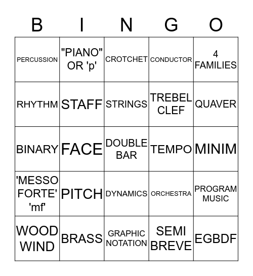 MUSICICAL BINGO Card