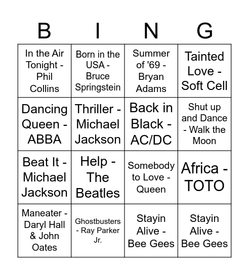 Virtual Music Bingo Card
