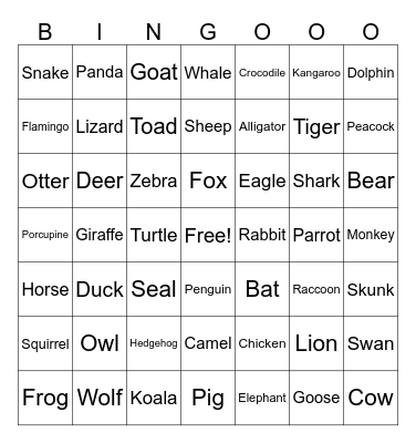 Animals Bingo Card