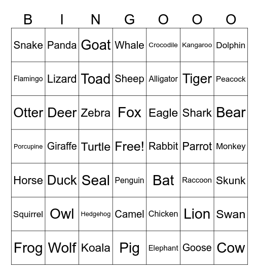 Animals Bingo Card