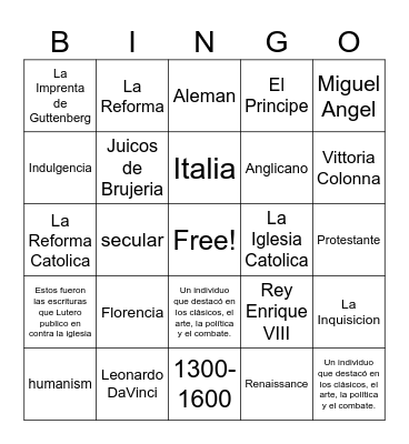 El Renacimiento y la Reforma Bingo Card