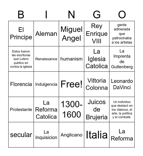 El Renacimiento y la Reforma Bingo Card