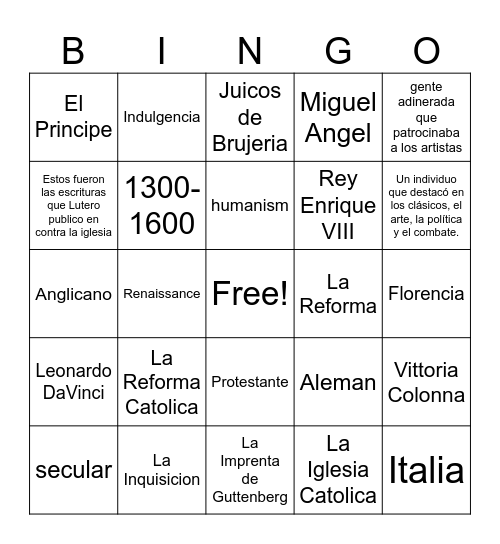 La Reforma y el Renacimiento Bingo Card