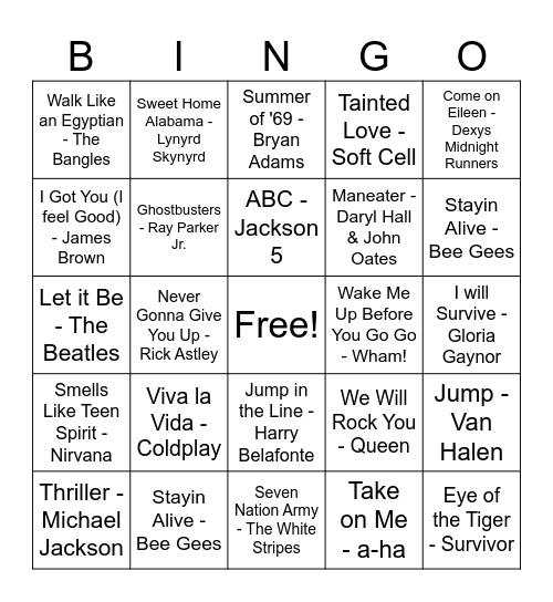 Virtual Music Bingo Card