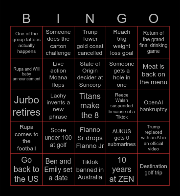 Wiggle's 2026 Bingo Card