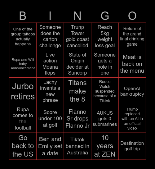 Wiggle's 2026 Bingo Card