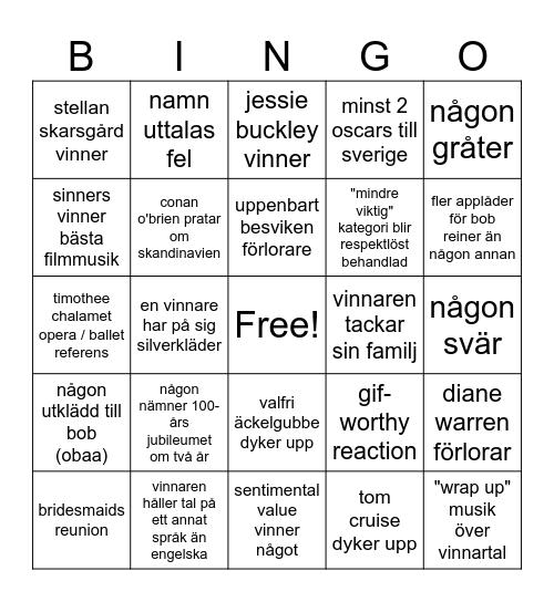 Oscars 2026!!! Bingo Card
