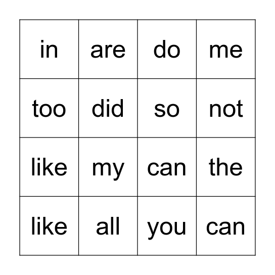 Heart Word Bingo Card