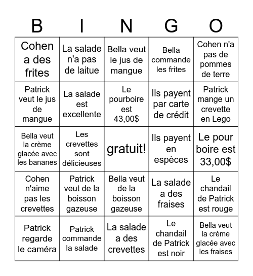 Bingo au Restaurant Bingo Card