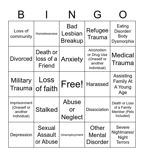 Trauma Bingo! Bingo Card