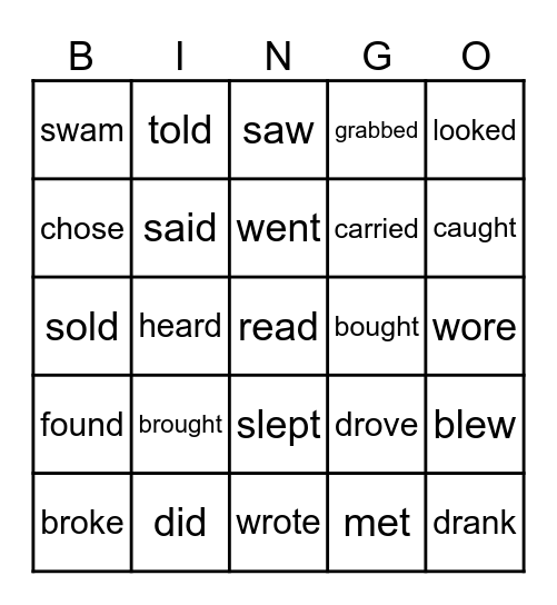 Verb Tense Bingo Card