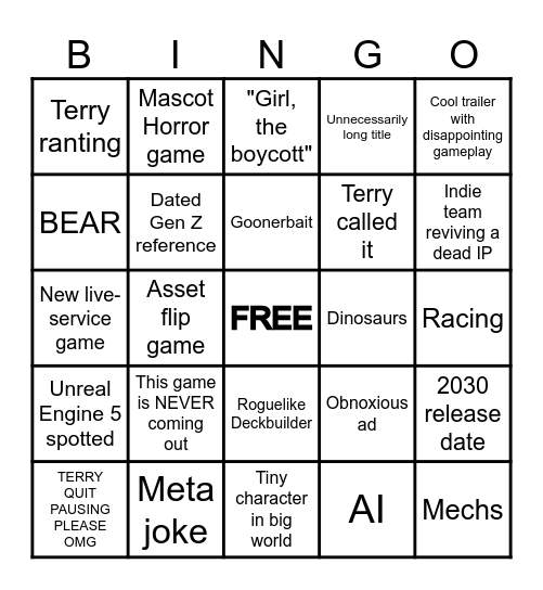 Terry's Game Showcase Bingo Card
