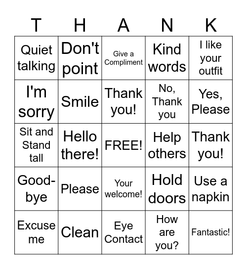 Good Manners, Please and Thank You Bingo Card