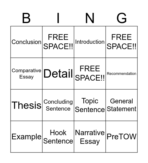 Writing an Essay Bingo Card