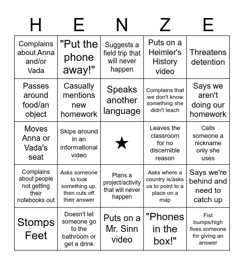 Ms Henze Bingo Card