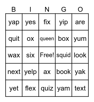 X,Y,Qu Bingo Card