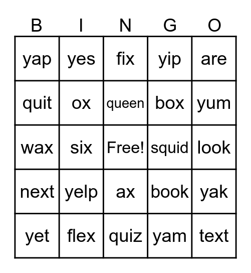 X,Y,Qu Bingo Card