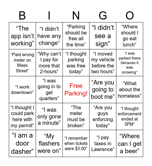 Parking BINGO Card