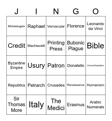 Renaissance Jingo Bingo Card