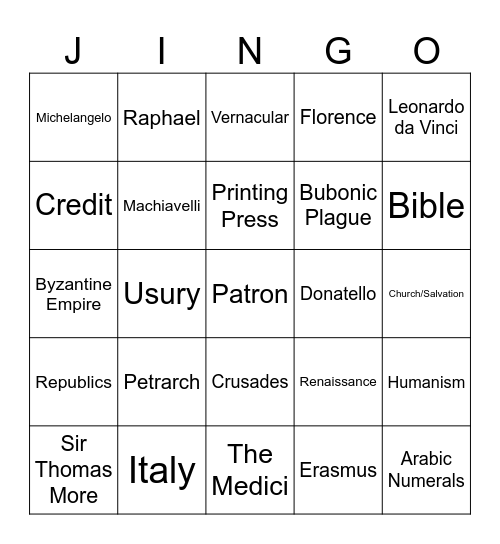 Renaissance Jingo Bingo Card