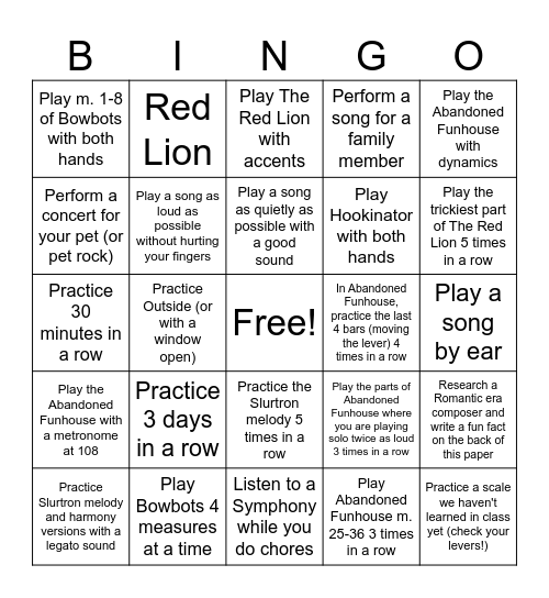 Spring Break Practice Bingo (Harp) Bingo Card