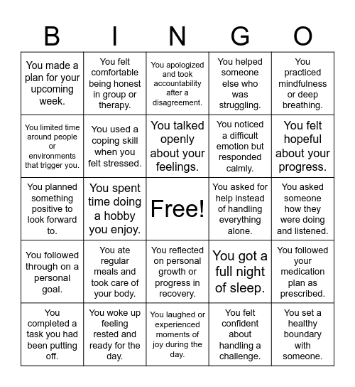 Wellness Signs Bingo Card