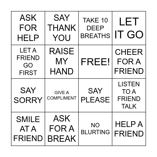 Good Choices Bingo Card