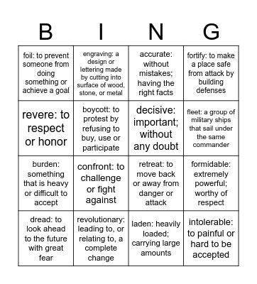 4th U7: American Revolution Bingo Card