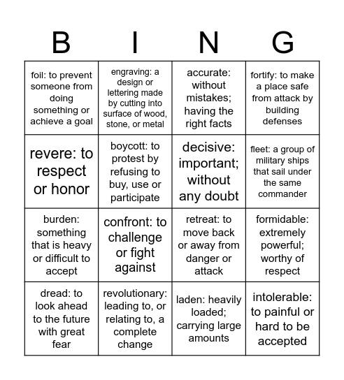 4th U7: American Revolution Bingo Card