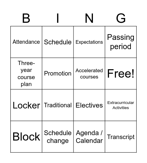Moving Onto Middle School Bingo Card