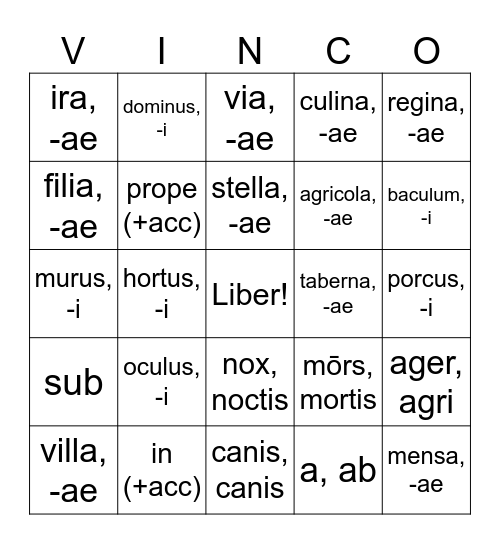 Nouns + Prepositions Bingo Card