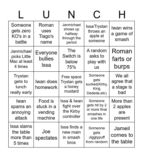 Lunch Bingo Card